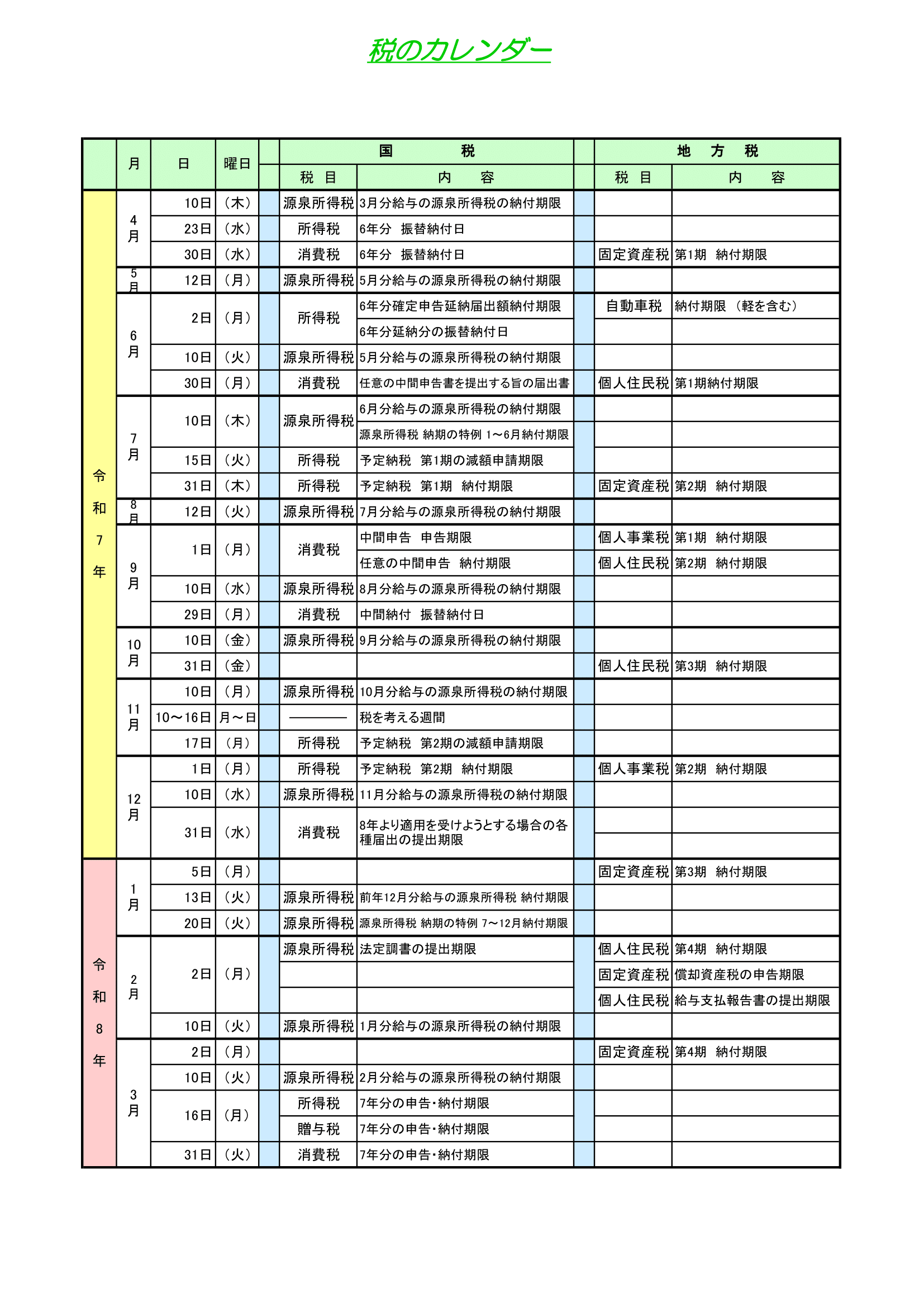 所得税・源泉所得税・住民税・自動車税・固定資産税等スケジュール表